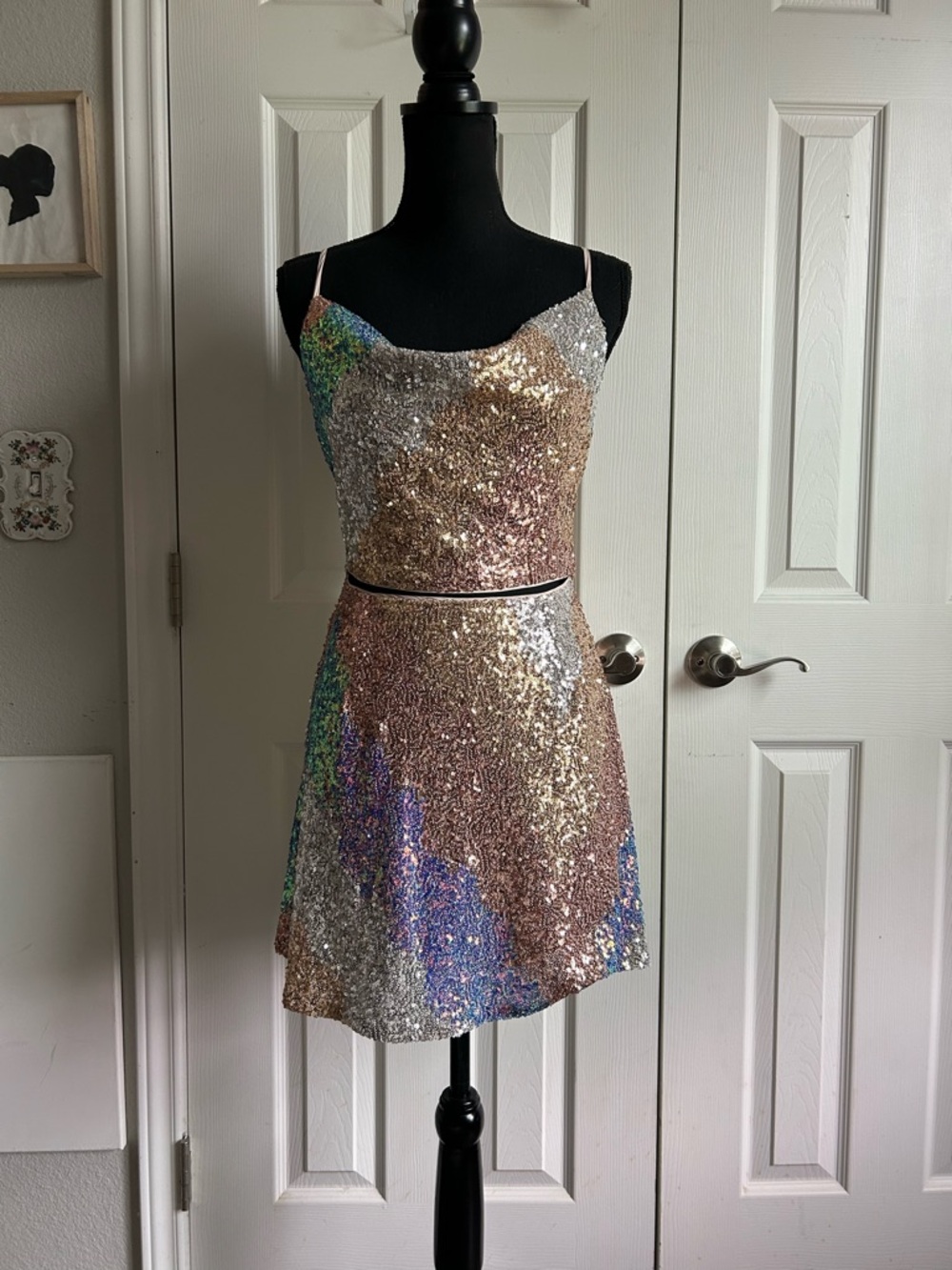 Main Strip sequin spaghetti strap midriff mini dress